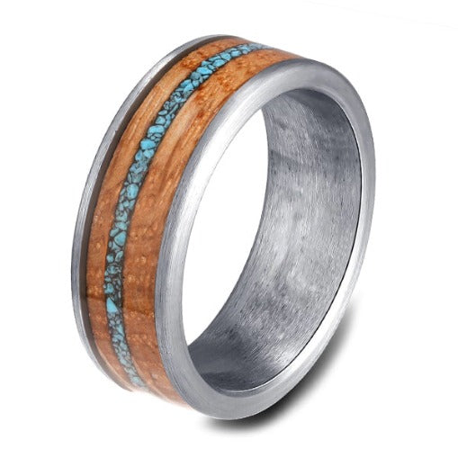 The Naturalist - Whiskey Barrel Tungsten Ring with Turquoise Inlay